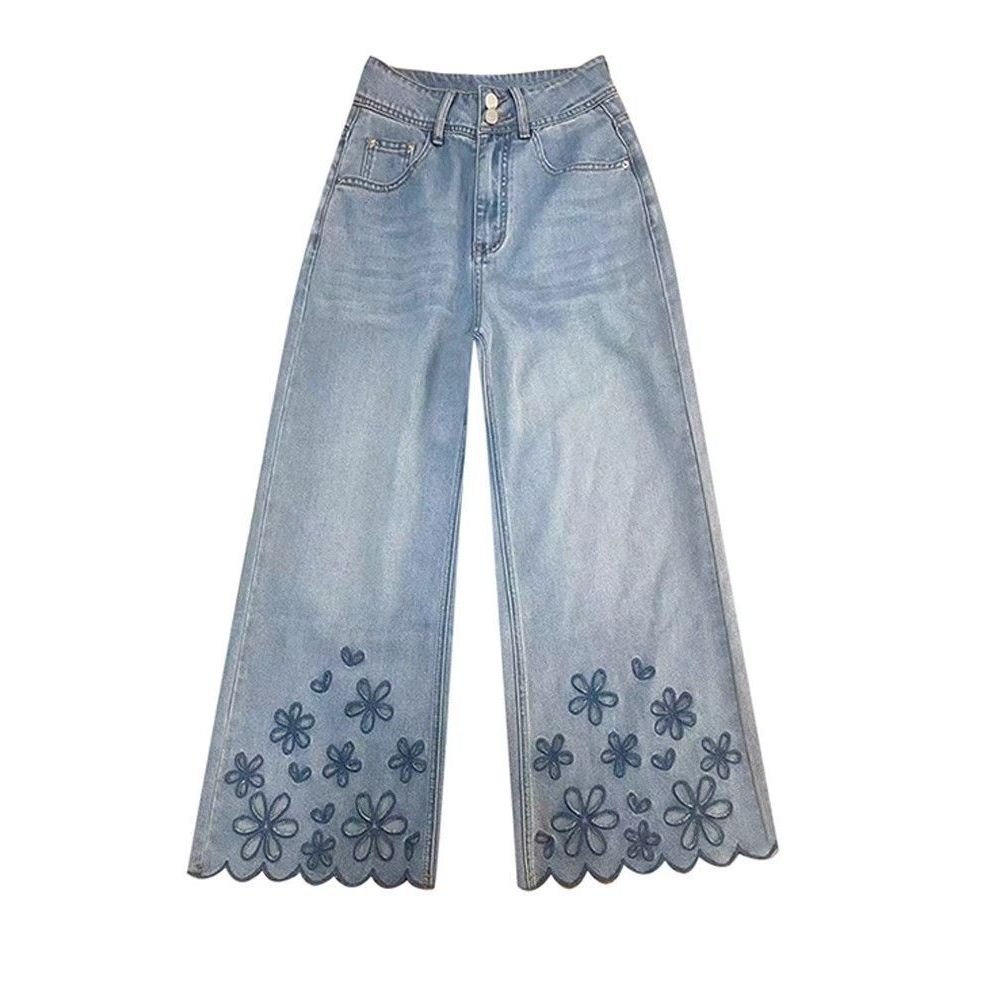 <![Giảm giá 50%] Quần Jean Nữ Mùa Hè Mỏng, Thoải Mái, Ống Rộng Eo Cao Với Họa Tiết Hoa>