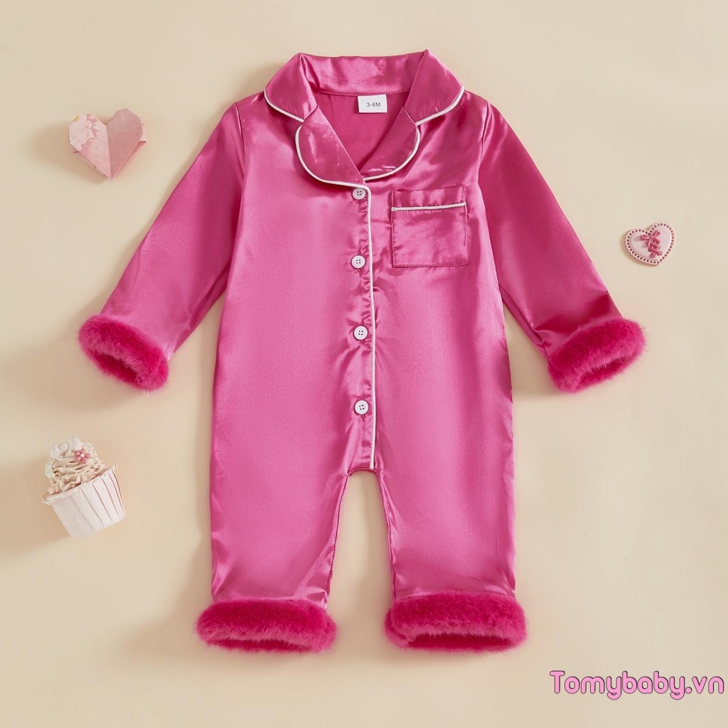 Bé Gái Tương Phản Viền Lông Viền Nút Xuống Ve Áo Cổ Chữ V Tay Dài Một Mảnh Satin Bộ Đồ Ngủ