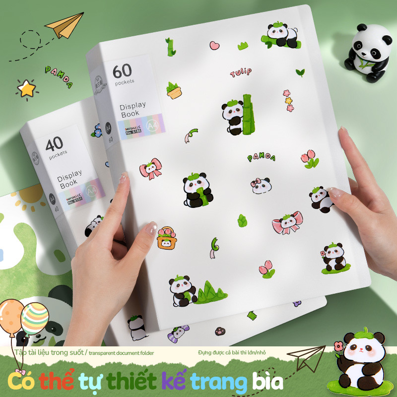 Tệp đựng tài liệu A4 trong suốt, chủ đề gấu trúc hoạt hình vui nhộn, sử dụng đa dạng cho học sinh, 30/40/60 lá.