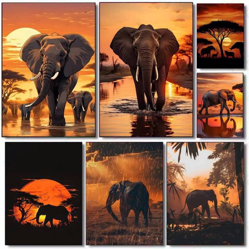 Vintage Voi Hoàng Hôn Tranh Vải Retro Hoang Dã Động Vật Boho Trang Trí Nghệ Thuật Nhà Trang Trí Tường Canvas Poster
