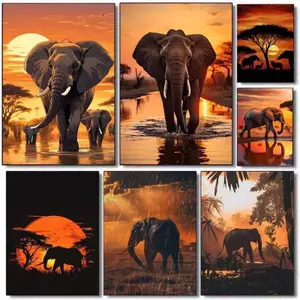 Vintage Voi Hoàng Hôn Tranh Vải Retro Hoang Dã Động Vật Boho Trang Trí Nghệ Thuật Nhà Trang Trí Tường Canvas Poster