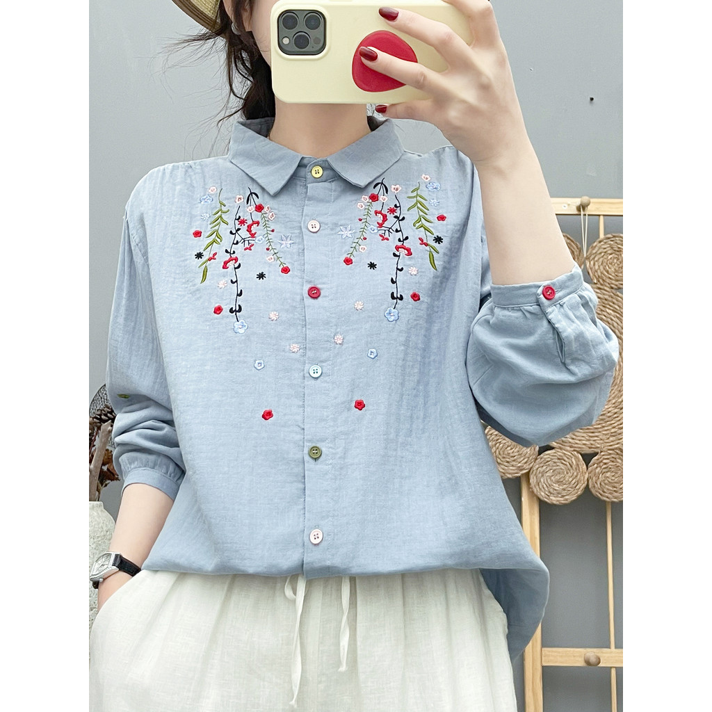 [Hàng có sẵn] Áo sơ mi nữ 100% cotton Mori Art, thiết kế thêu họa tiết hoa nhẹ nhàng, phù hợp làn da