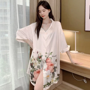 Bộ Đồ Ngủ Nữ Mùa Hè Ren Váy Ngủ Băng Lụa Tay Ngắn Mỏng Phong Cách Rời Kích Thước Lớn Gợi Cảm Áo Sơ Mi Bộ Đồ Ngủ Đầm Loungewear Nữ