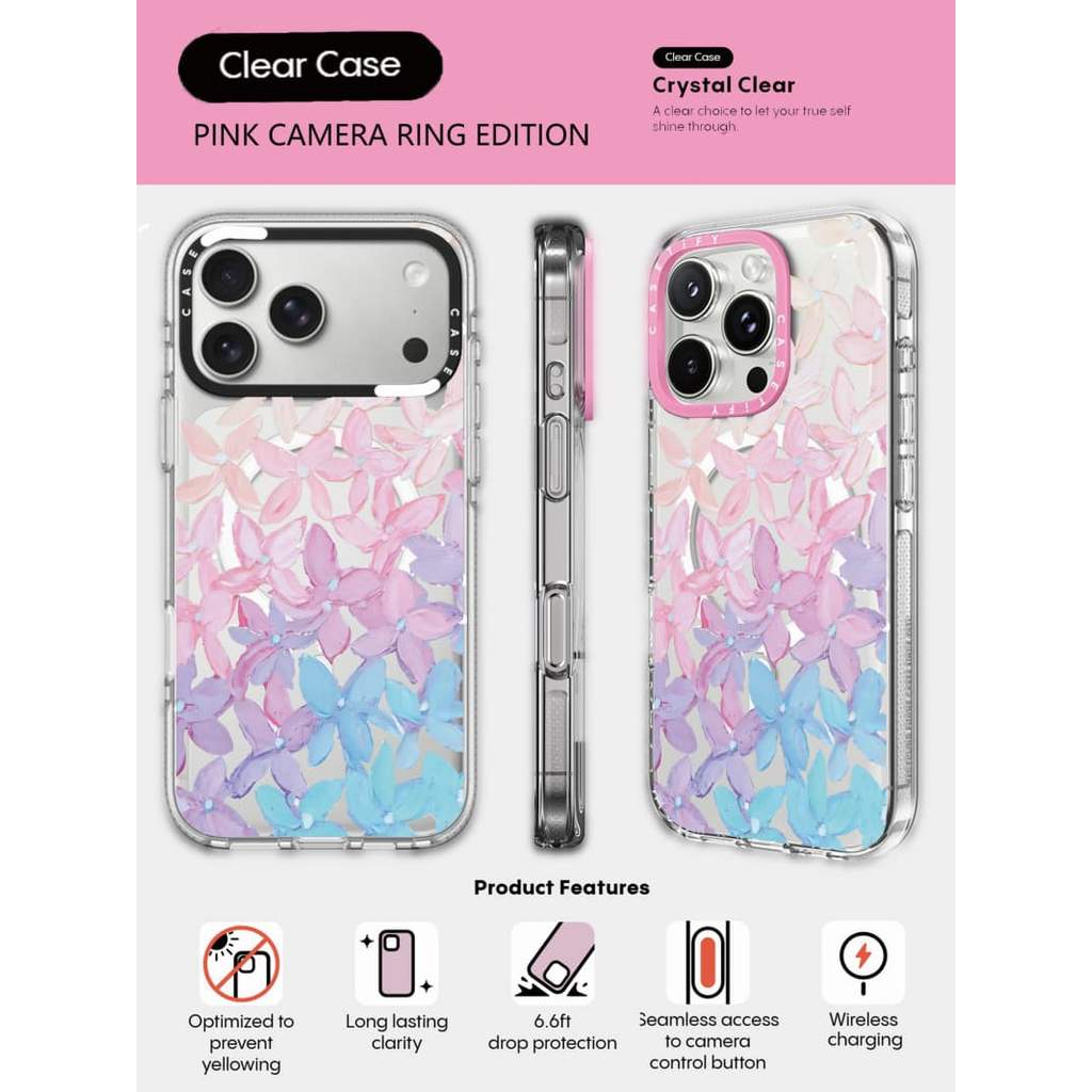 CASECASE X Pink Blue Flowers Phone Case HỒNG CAMERA RING EDITION Tác động Vỏ hút từ tính trong suốt cho IPhone 17 / 16 / 15 / 14 / 13 Pro Max Air với bao bì cao cấp