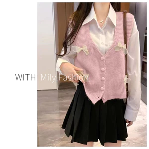 Milyfashion Nơ Nhỏ Cổ Chữ V Áo Vest Không Tay Phong Cách Mới Mỏng Ngắn Dệt Kim Áo Vest