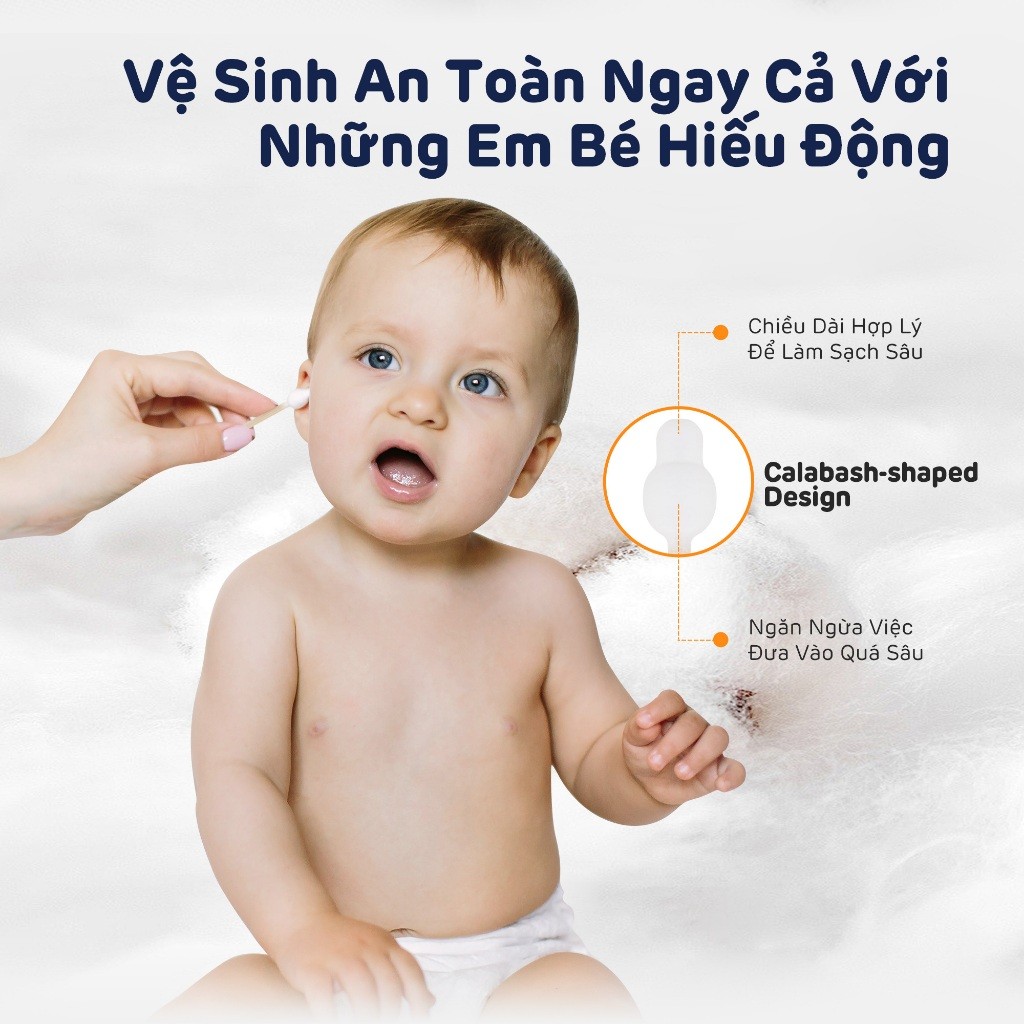 Tăm Bông Aiwibi Cao Cấp Cho Bé, Mềm Mịn, Thân Tre Linh Hoạt, 100% Bông Thiên Nhiên - 100 Cái/Hộp