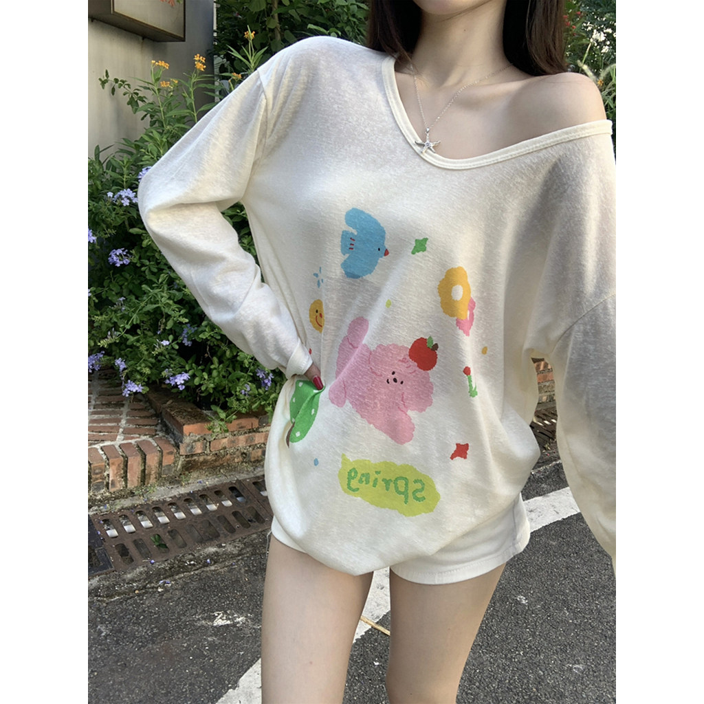 SUXI Áo thun dài tay in hình hoạt hình cho nữ mùa xuân 260310