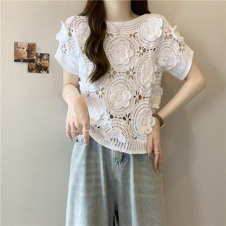 Áo len nữ cổ tròn họa tiết hoa 3D, kiểu slim-fit phù hợp mùa hè