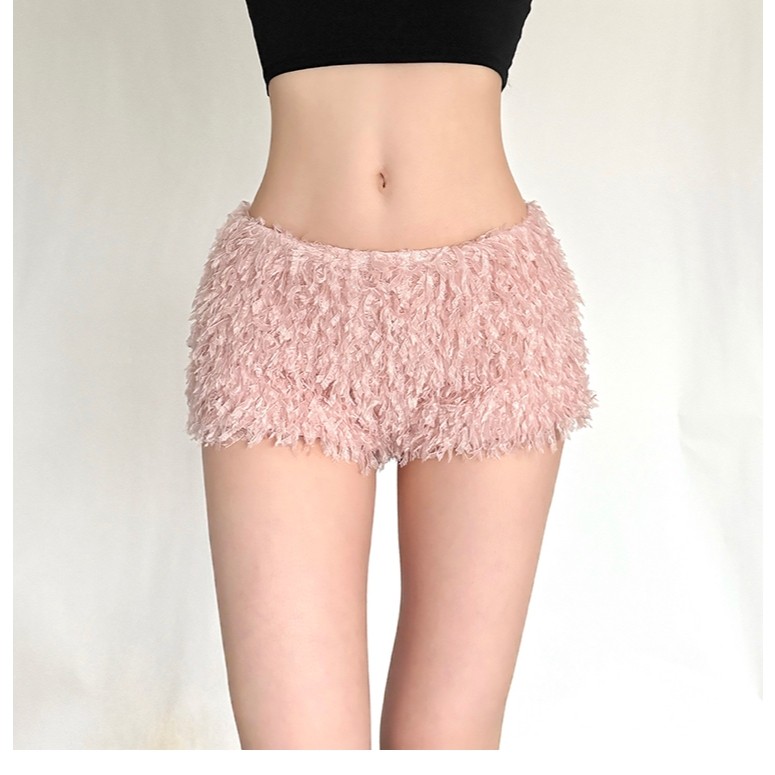 Cutenew Quần Short Ngắn Phong Cách Ngọt Ngào Lông Tơ Thấp Tầng Thể Hiện Chân, Đa Năng, Eo Xác Định, Thường Ngày