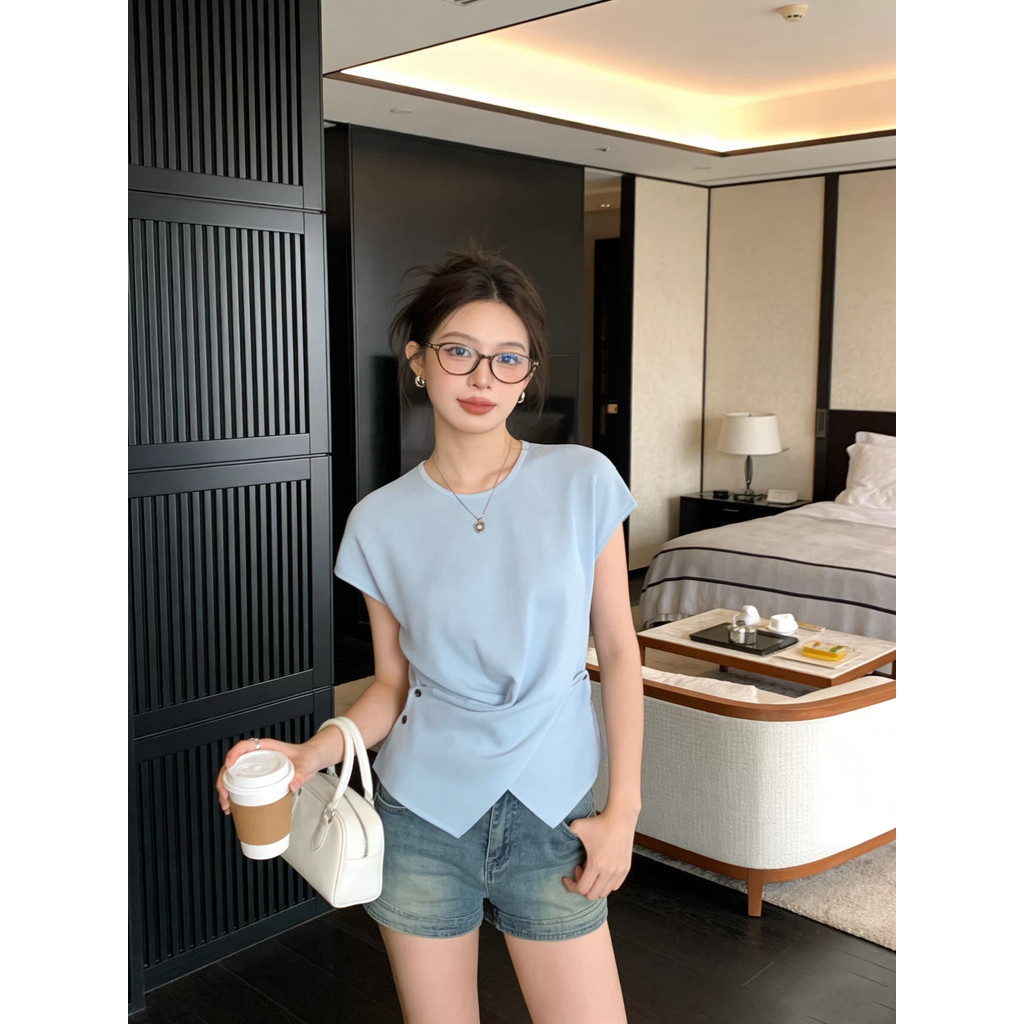 SUXI Áo thun ngắn tay phong cách Hàn Quốc sọc, phù hợp mùa hè 260316