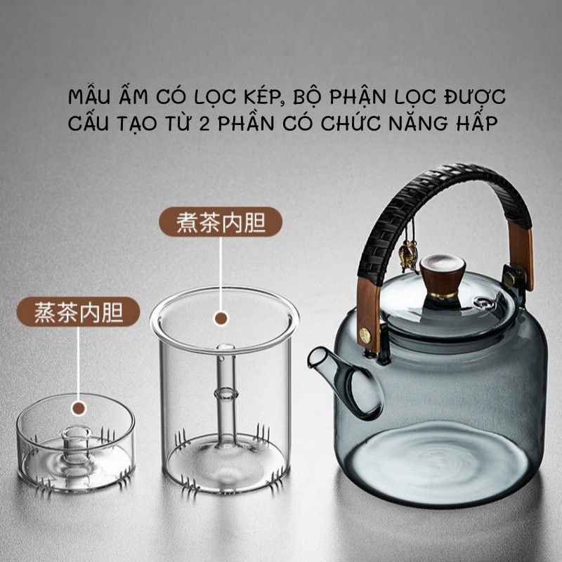 Ấm, Bình Thủy Tinh Pha Trà Có Lõi Lọc Dung Tích 1200 ml (Tay Cầm Bọc Da)