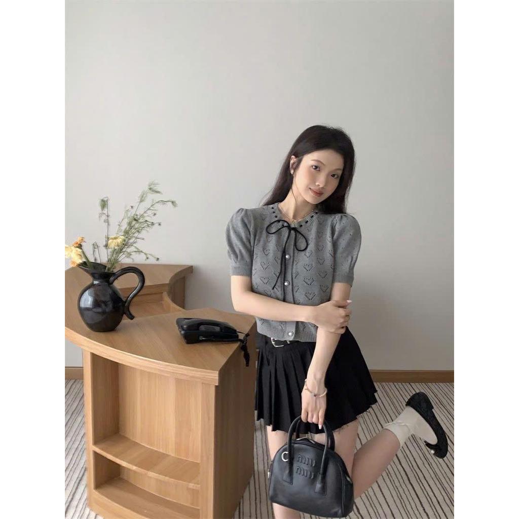 (Hàng QCCC) Áo cardigan len cộc tay dáng ngắn thiết kế phối dây buộc nơ phong cách tiểu thư hottrend MIHN SP450