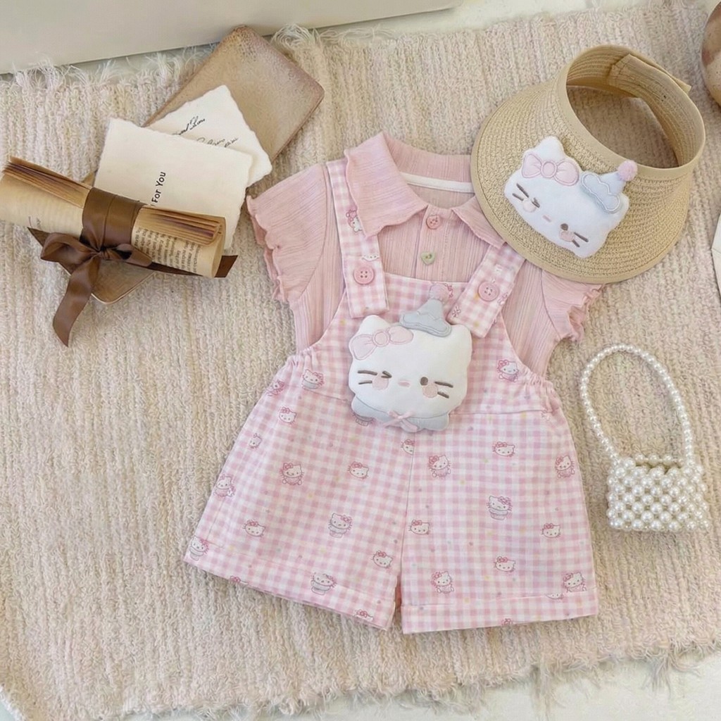[Phong cách mới mùa hè] Áo thun màu hồng dễ thương cho bé Váy dây đeo hoạt hình Bộ đồ ngọt ngào