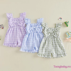 Bộ áo liền quần kẻ sọc cho bé gái mới biết đi có nơ áo liền quần Gingham