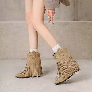 VNTMLH34-43 Kích Thước Lớn Thời Trang Cao Bồi Phương Tây Giày Cao Bồi Ngắn Ngón Chân Tròn Nêm Gót Năm Sao Đinh Tán Tua Rua Da Lộn Cổ Hot Girl Giày Bốt Ngắn