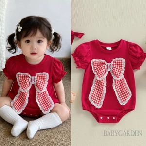 Bé Gái Mùa Hè Áo Liền Quần Tay Ngắn Thêu Bóng Chày Nơ Body Sơ Sinh Playsuit Cho Năm Mới