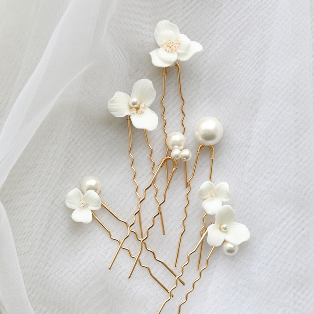 6 Chiếc Kẹp Tóc Handmade Hình Chữ U Ngọc Trai và Hoa Gốm - Phù Hợp Lễ Hội Tiệc Cưới
