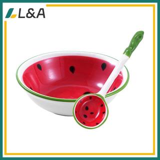 L & A Bát gốm hình dưa hấu kèm thìa, dùng cho ngũ cốc, ramen, canh, hoa văn trái cây