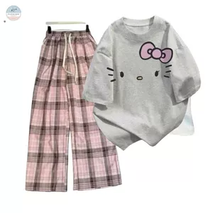 sét Quần ống rộng caro hồng +kết hợp áo phông MÈO ĐƠN GIẢN dễ phối đồ-quanao94