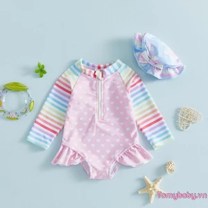 Bộ đồ bơi bé gái in hình trái tim dài tay cổ tròn bảo vệ phát ban Bộ đồ tắm có mũ cho bãi biển bể bơi