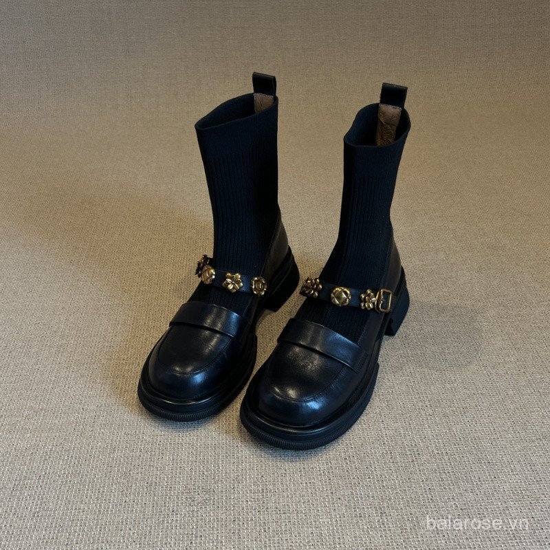 Dày Khóa Kim Loại Co Giãn Giày Bốt Ngắn Retro Phong Cách Đại Học Dệt Kim Mỏng Giày Nữ Đa Năng Loafers Tất Giày Bốt