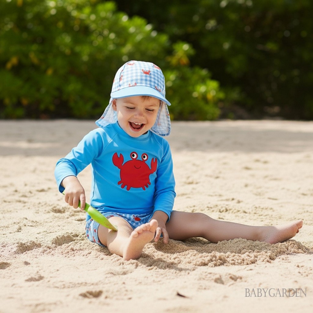 Tập Đi Bé Trai Rash Guard Đồ Bơi Dài Tay Cua / Nai Sừng Tấm Thêu / Tôm In Quần Short Mũ Đồ Bơi Bộ Ba Mảnh
