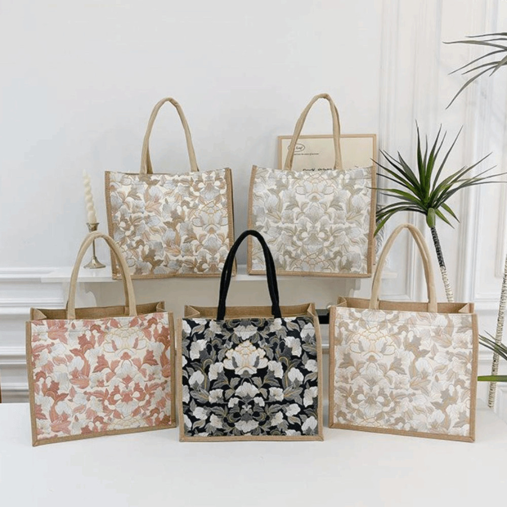 HOBBYIN Túi Tote Vải Lanh HOBBYIN, Túi Tote Hoa Thêu Tay Cầm Trên Di Động, Thời Trang Dung Tích Lớn Nhẹ Túi Nữ Văn Phòng Hàng Ngày