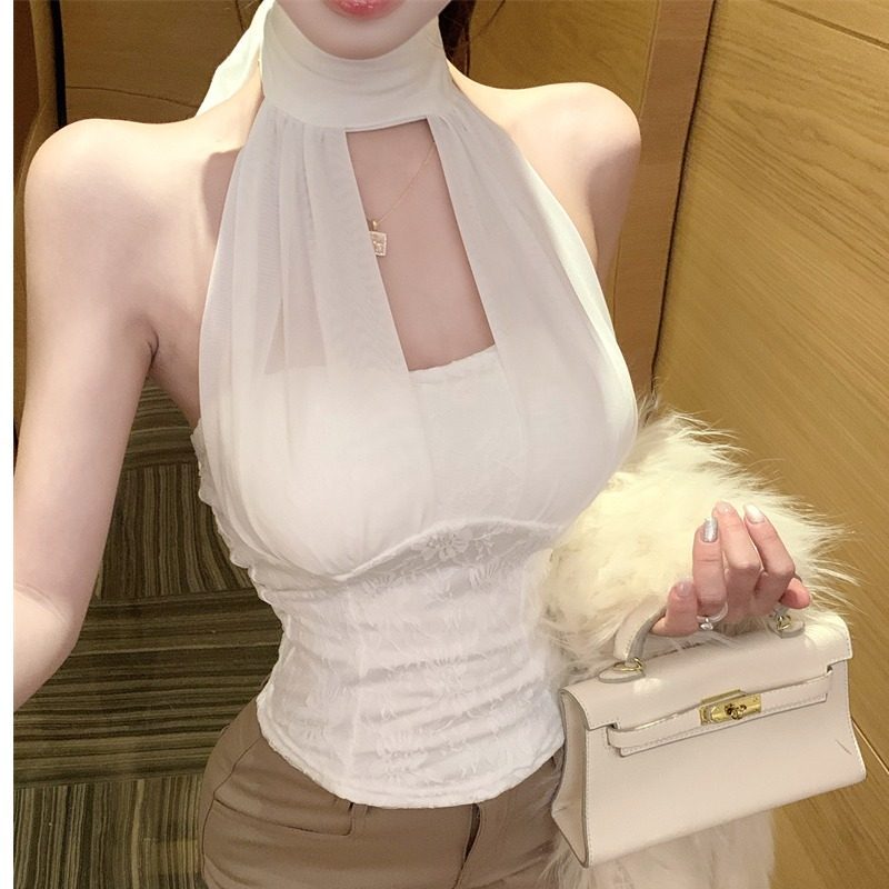 Influencer Nơ Dây Áo Vest Sling Ren Xương Cá