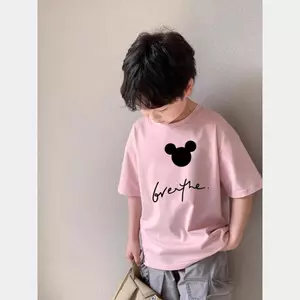 Mickey áo phong cách thường ngày rộng cổ rộng hình thun hợp mùa bé gái trai