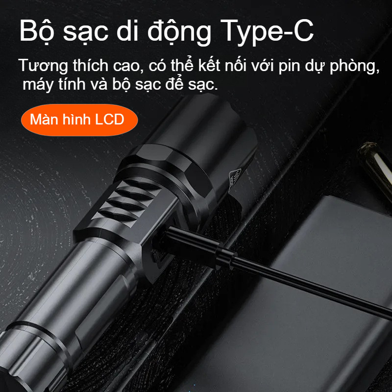 Đèn pin LED siêu sáng 1000LM sạc USB Type-C chống nước IPX7, đèn pin cầm tay pin trâu có zoom