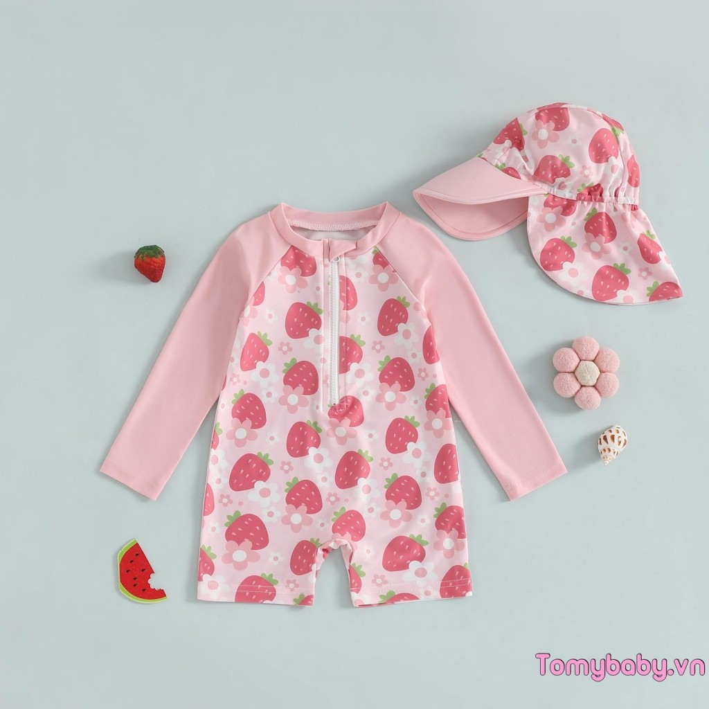 Bộ đồ bơi dài tay cho bé gái mới biết đi Họa tiết hoa / Nơ / Dâu tây có dây kéo nửa dây kéo chống đóng cọc Đồ bơi có bộ Sunhat