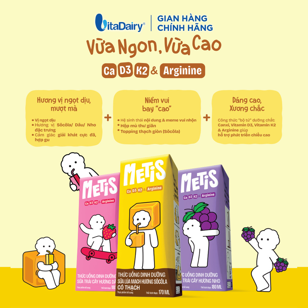 [THÙNG 48 HỘP] Thức uống dinh dưỡng Metis hương nho/dâu/Socola có thạch 170ml - Thơm ngon dễ uống, Bé thích mê