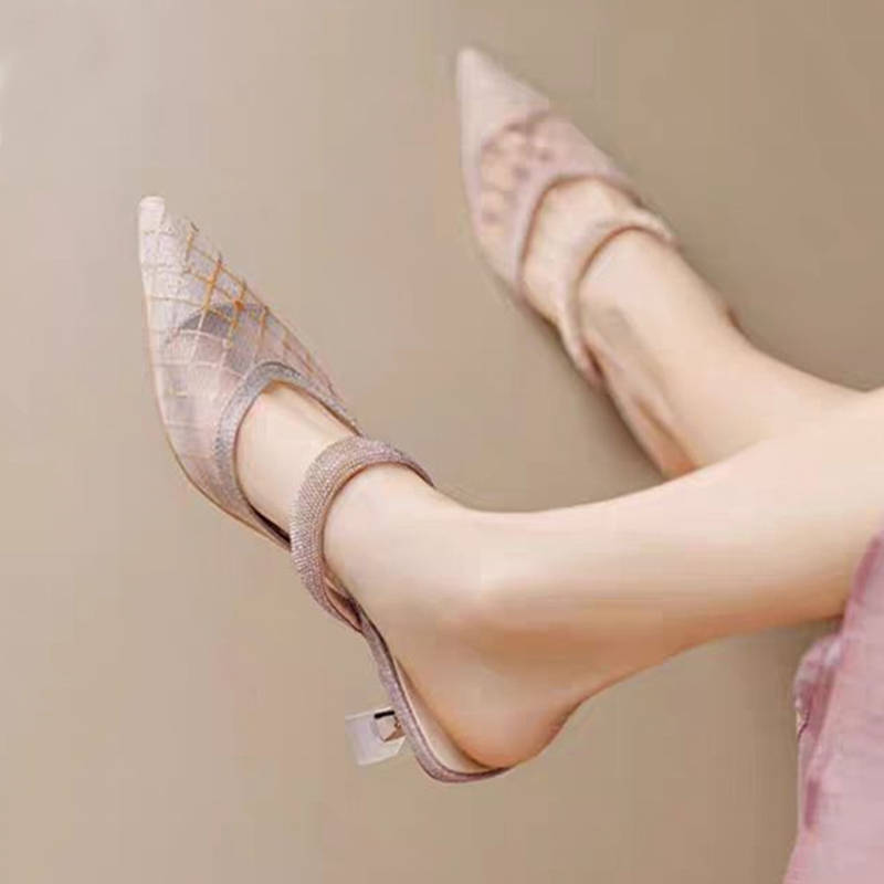 Giày nữ tăng chiều cao nửa mét bạc, Dép cao gót mũi nhọn bằng lưới rỗng để mặc ngoài trời