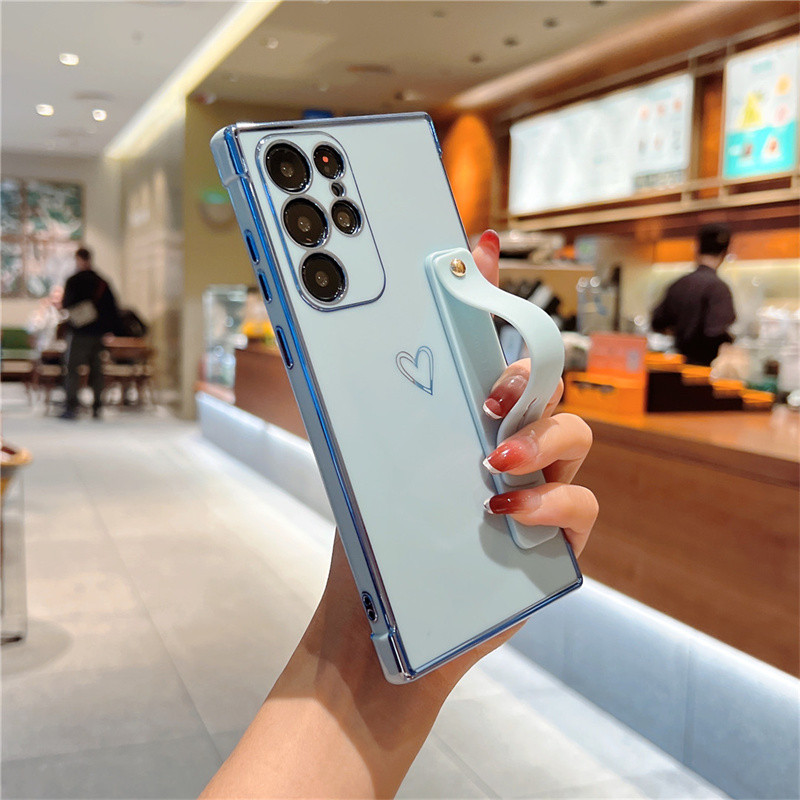Giá đỡ dây đeo cổ tay Mạ điện cho Samsung Galaxy A57 A37 A56 A36 A27 A26 A25 A24 A17 A16 A15 A14 A55 A35 Vỏ điện thoại hình trái tim tình yêu