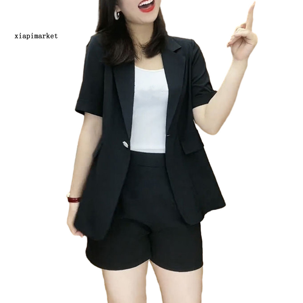 XIA | Bộ Blazers Công Sở Hai Mảnh Polyester Thoáng Khí, Thiết Kế Mở Mặt before Quần Short, Thời Trang Cho Phụ Nữ