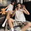 Hoạt Hình Dễ Thương Crayon Shin-Chan Cặp Đôi Bộ Đồ Ngủ Áo Quần Short Cotton Nguyên Chất Chui Đầu Loungewear Set