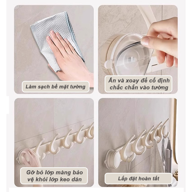 Móc Treo Quần Áo Hút Chân Không 5-6 Móc - Không Khoan Tường, Hút Siêu Chắc, Treo Sau Cánh Cửa, Phòng Tắm