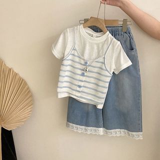 Bộ đồ bé gái áo thun sọc + quần jean ống rộng – Set đồ mùa hè phong cách Hàn Quốc cho bé
