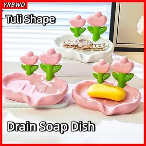 Đĩa xà phòng thoát nước YRBWDYZDH, Thiết kế hoa Tulip với khay đựng xà phòng máng thoát nước, chống trượt Không cần khoan Giá đựng xà phòng màu trơn Trang trí phòng tắm tại nhà