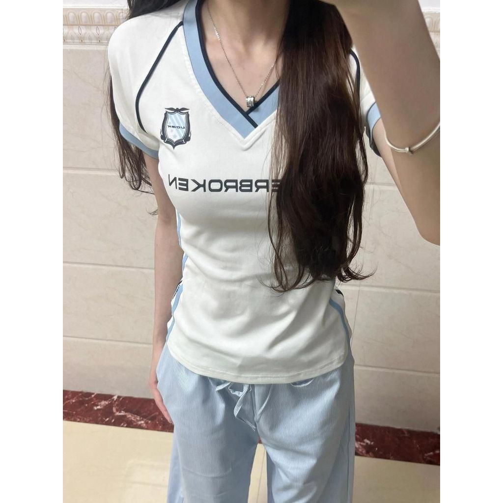 Áo thun ngắn tay cổ chữ V cổ điển kiểu Mỹ dành cho nữ - Mùa hè, slim-fit, phù hợp mọi outfit