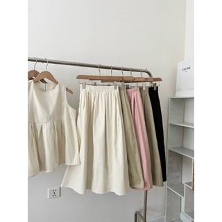 Set Váy Áo Babydoll Ba Lỗ Xếp Ly Kèm Chân Váy Kaki Dáng Dài Hàn Quốc, Set Đồ Bộ