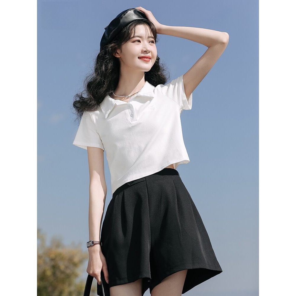 MUTU | Áo thun polo nữ ngắn tay cổ polo, thiết kế mới, chất liệu cotton, phong cách Hàn Quốc, phù hợp mùa hè