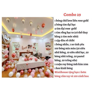 (Tặng 100 cánh hoa hồng) set bóng trang trí phòng cưới tone màu trắng bạc DF38