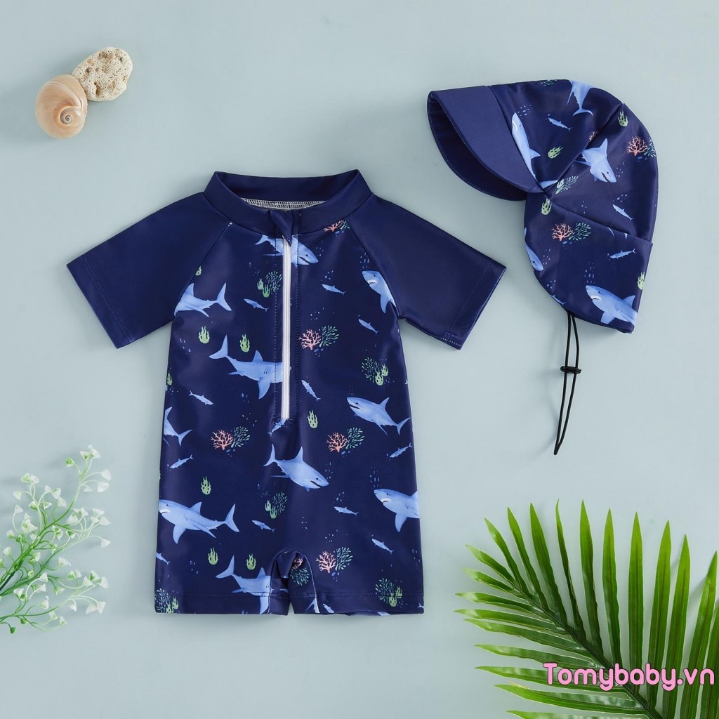 Đồ bơi trẻ em bé trai Rash Guard Cây nhiệt đới / Đồ bơi tay ngắn in hình động vật biển có nắp bơi