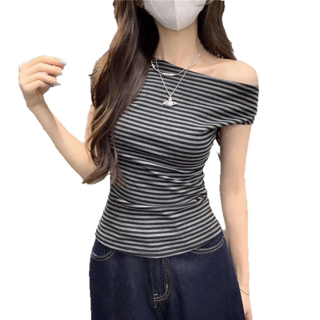 Pure Desire Style Áo thun ngắn tay sọc lệch vai màu sắc tinh khiết dành cho nữ