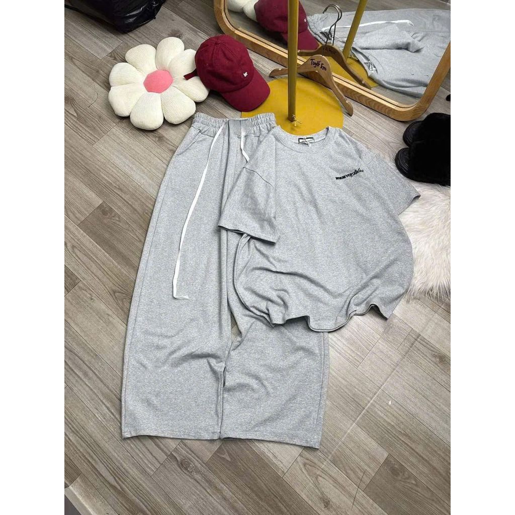 sét bộ quần da cá dáng dài dây to + phối áo phông form rộng tay lỡ unisex chữ OFFICAL HALLOWWEN