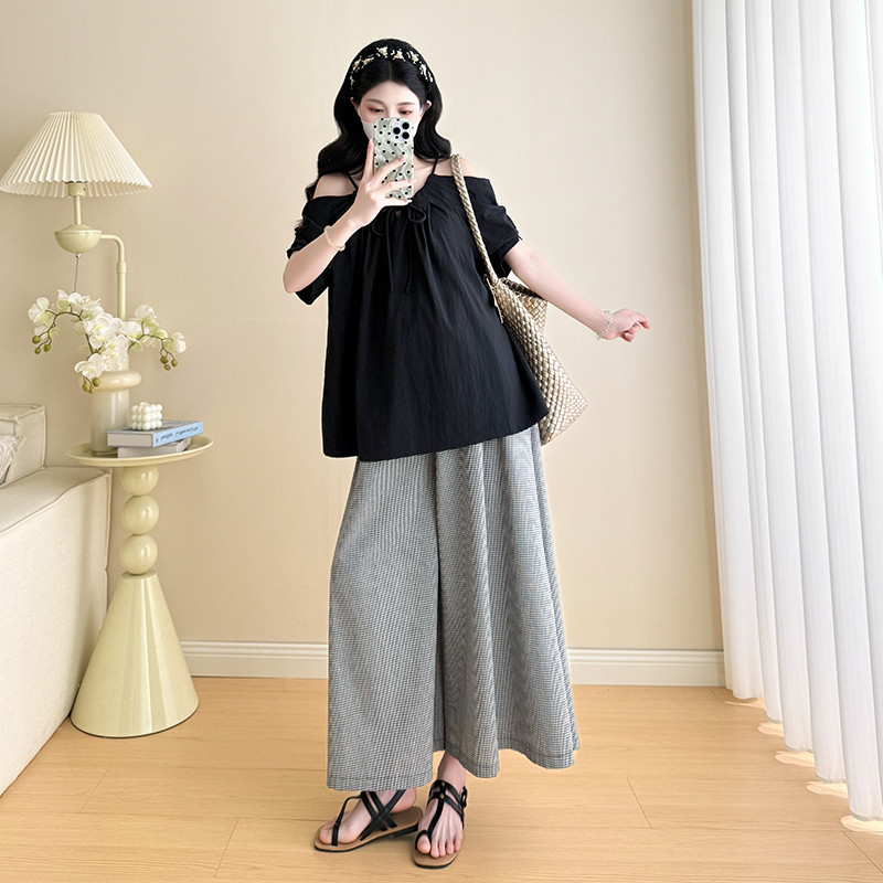 Bộ đồ bà bầu mùa hè tay ngắn, nút mũi lợn, quần ống rộng