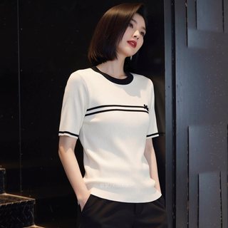 Áo chui đầu dệt kim tay ngắn màu trắng, phong cách Hàn Quốc, mỏng nhẹ dành cho mùa hè