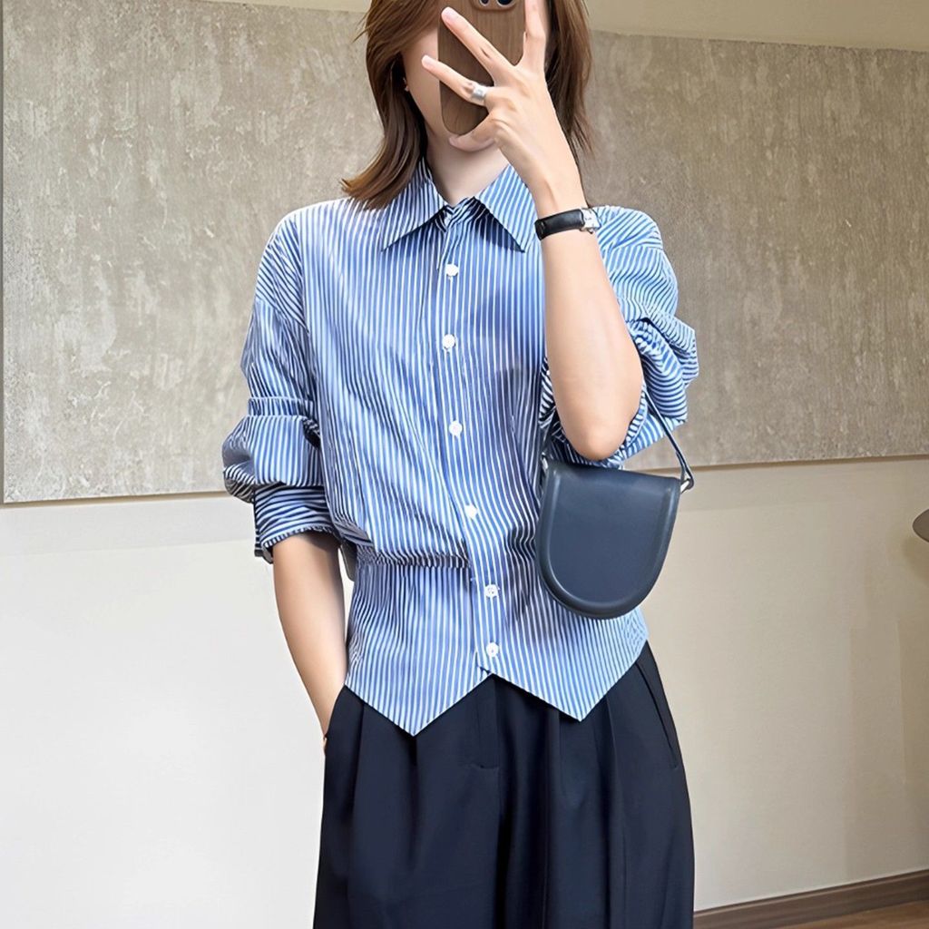 Slim Eo Nữ Thời Trang Sọc Dài Tay Áo Sơ Mi Nữ Cổ Áo Sơ Mi