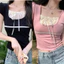 Áo thun nữ cổ vuông phối bèo thắt nơ tay ngắn cá tính H890